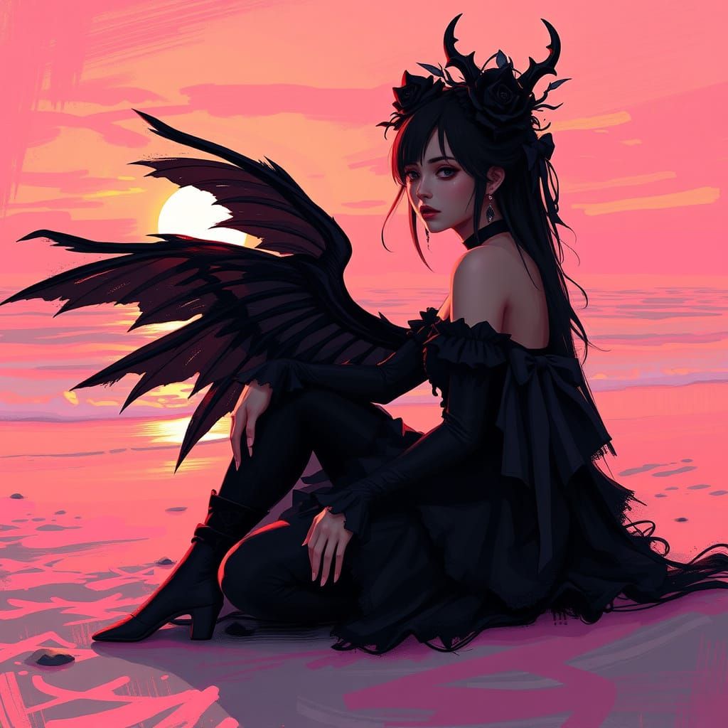 Gothcore Lady at Sunrise: Impressionistic Beach Scene