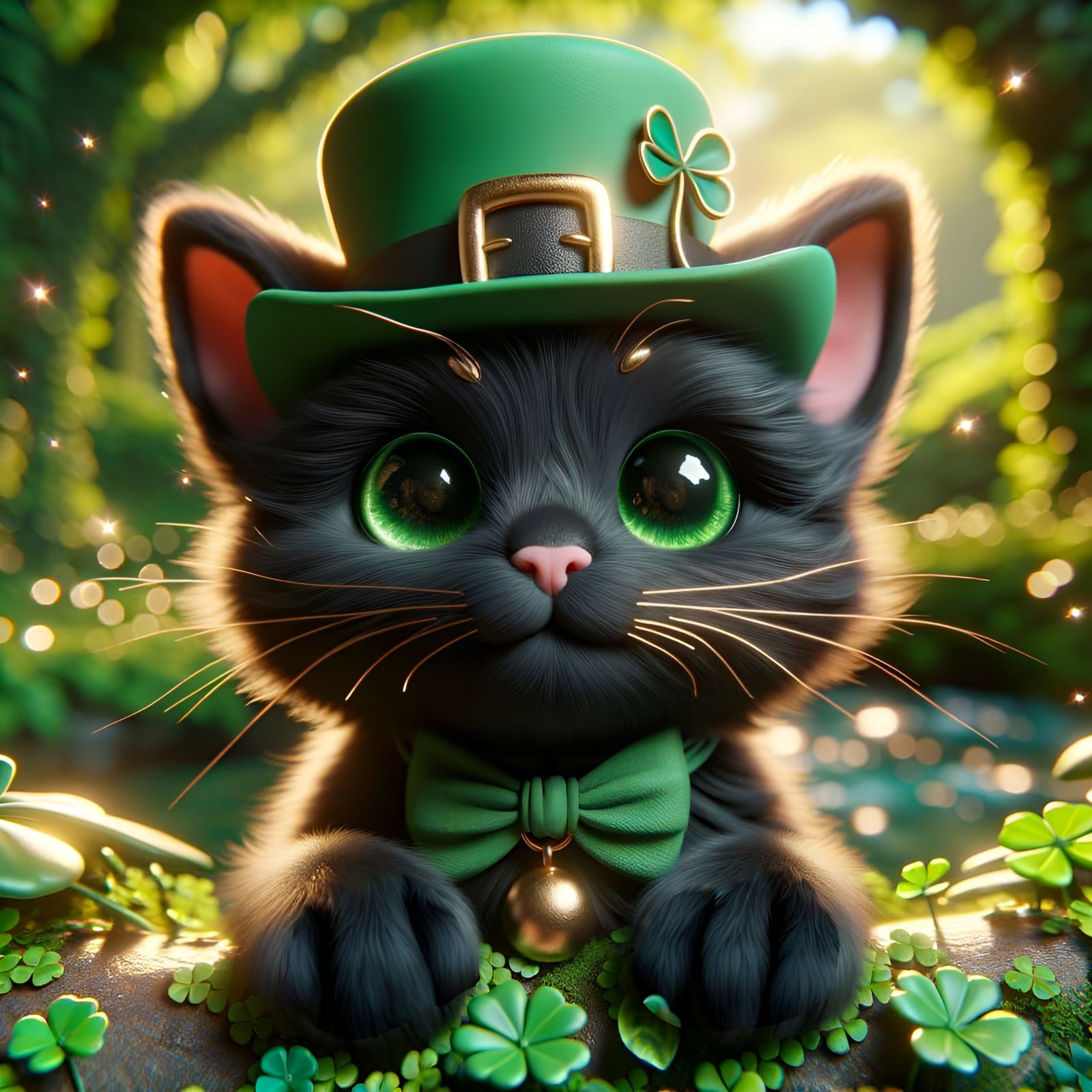Whimsical Black Cat in Leprechaun's Hat, Garden Setting
