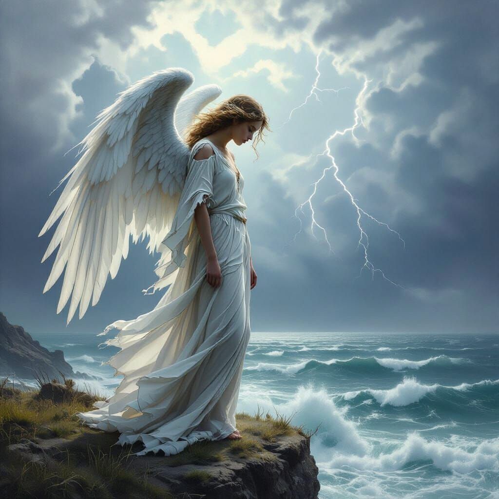 Ethereal Angel on Cliff Overlooking Stormy Sea