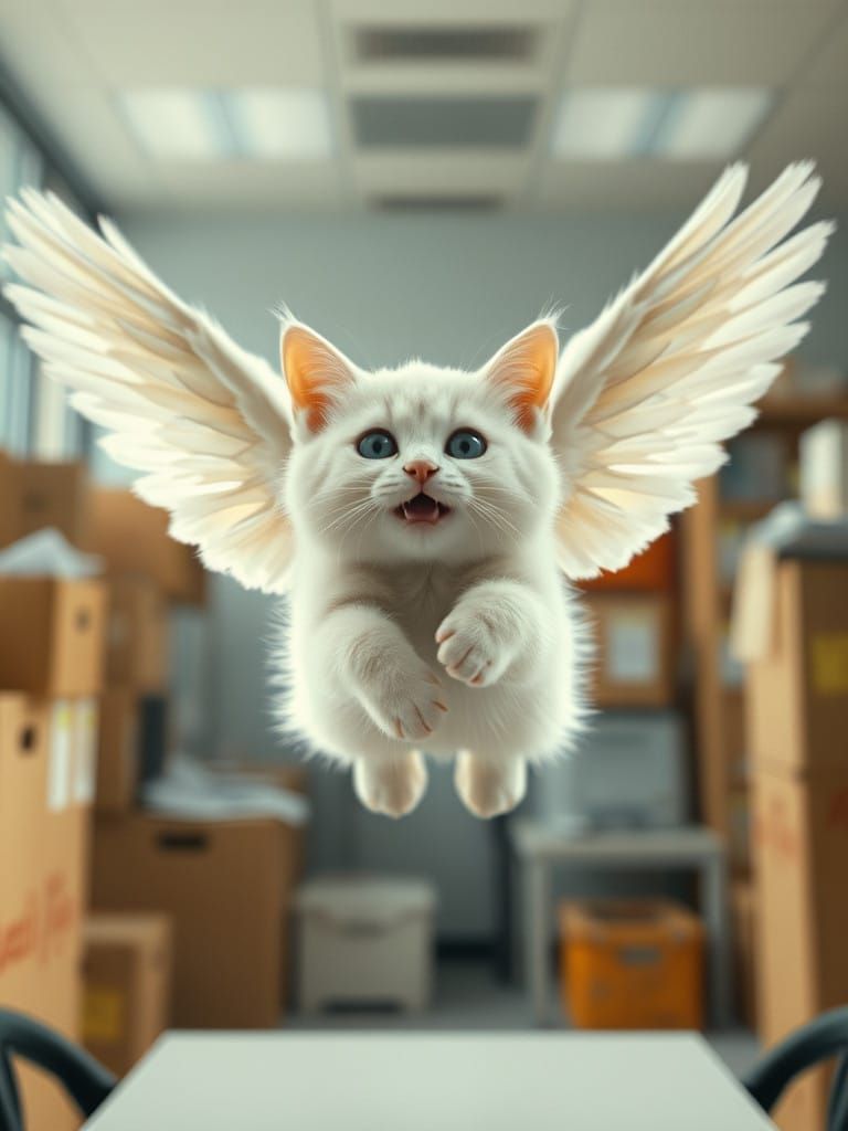 Whimsical Flying Cat in Office Scene
