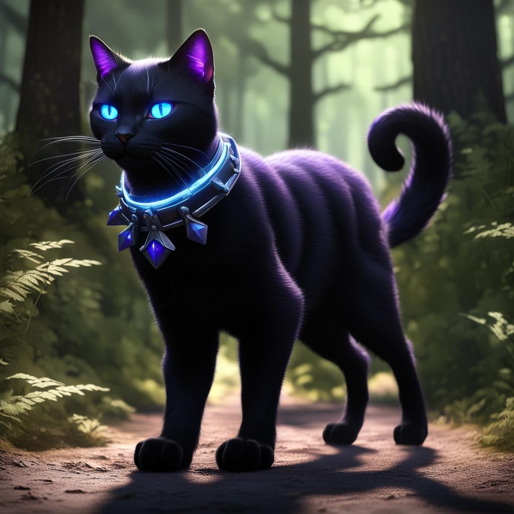 Black Cat with Spiked Collar in Forest
