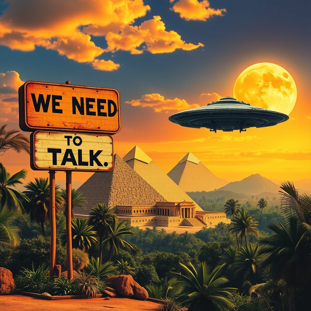 Surreal Collage: Starship, Pyramids, Jungle, and Vintage Sig...