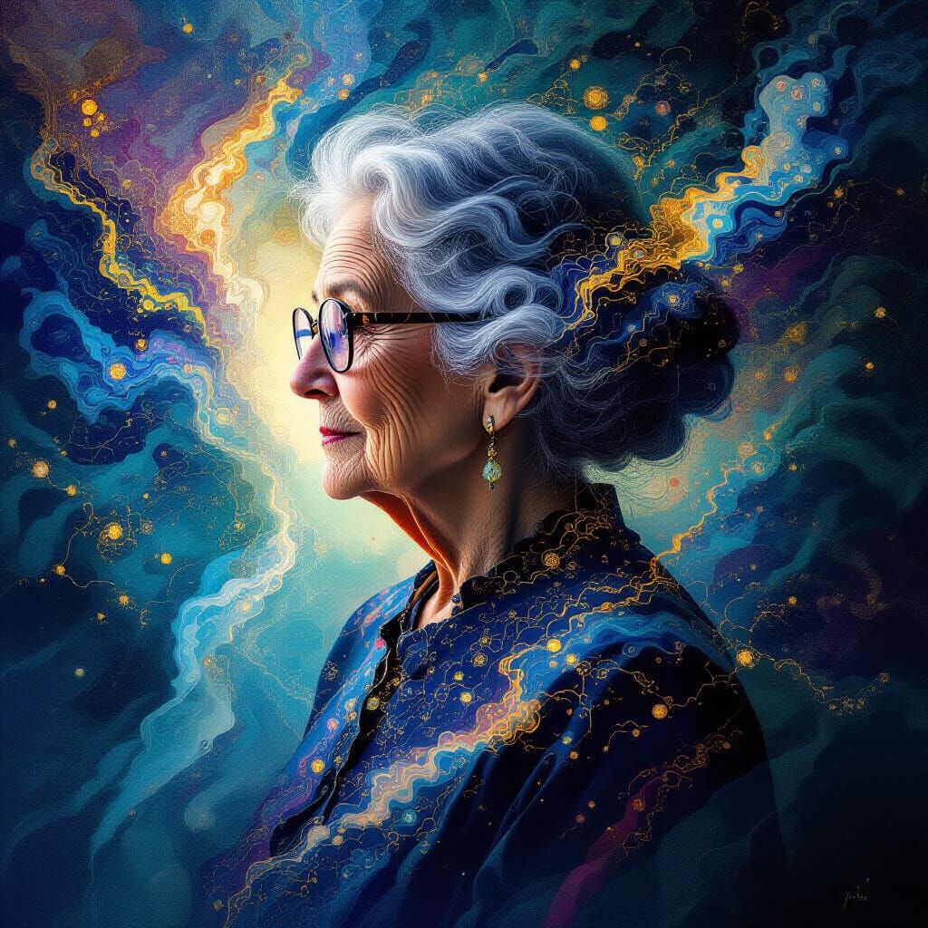 Surreal Double Exposure: Old Woman's Memories in Radiant Col...