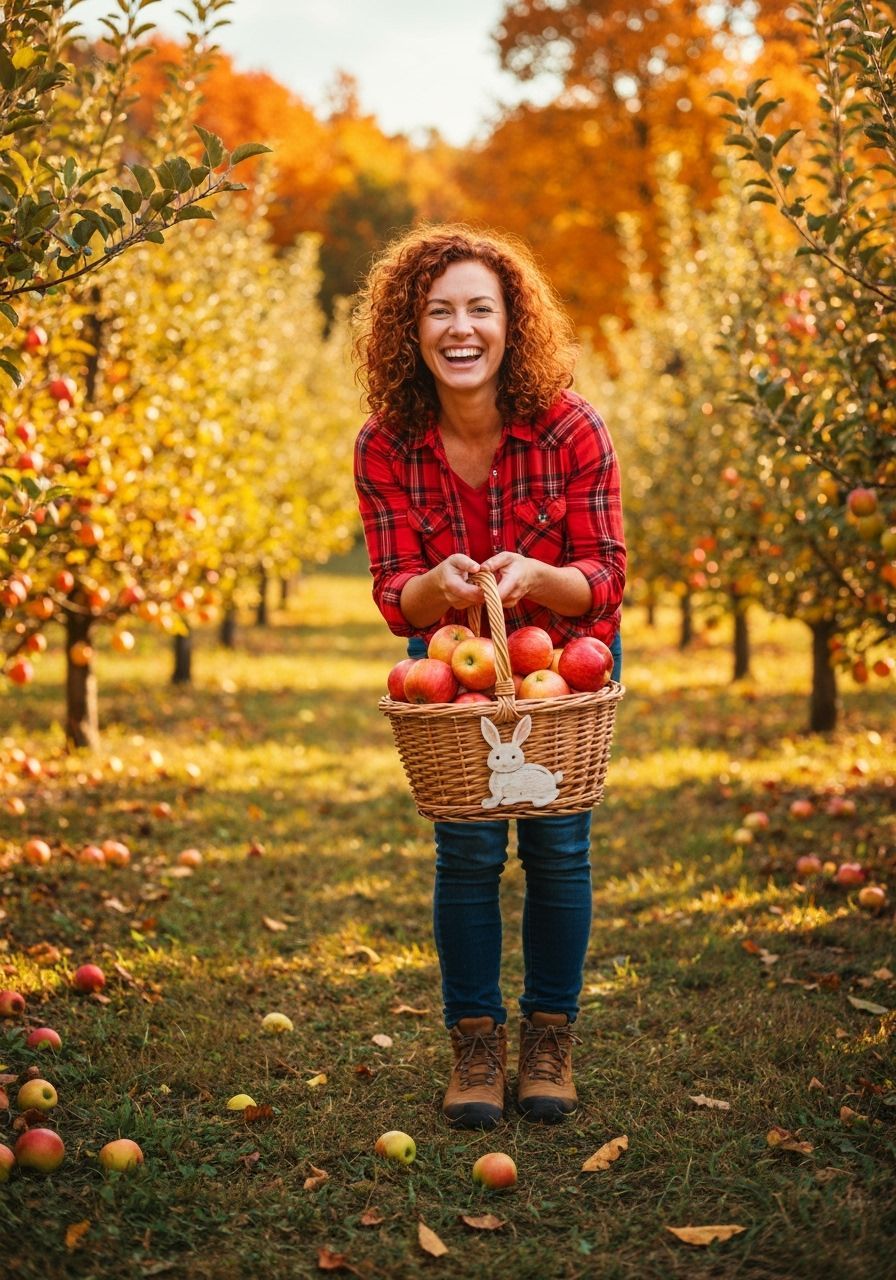 Woman Picking Apples in Autumn Orchard
