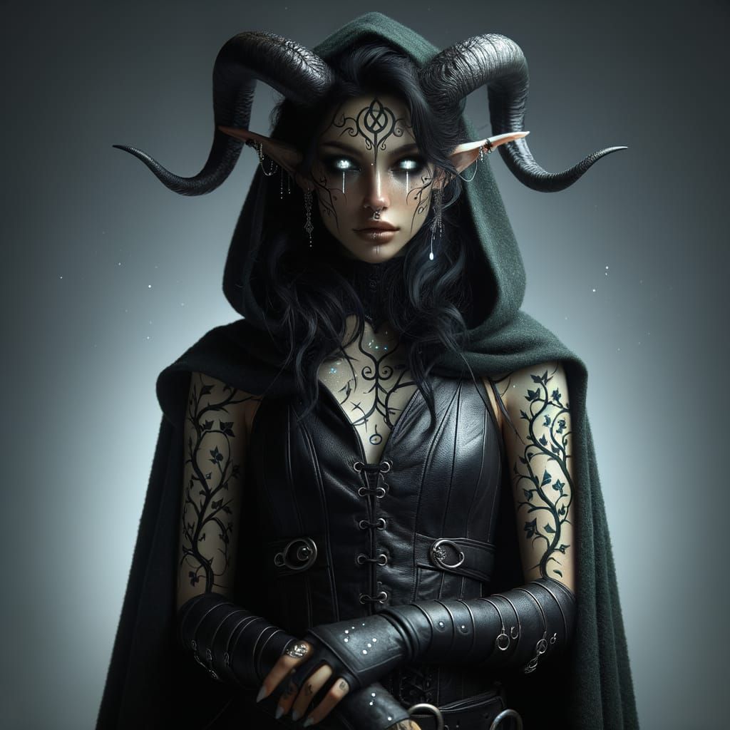 Moonlit Tiefling Druidess in Elegant, Dark Fantasy Attire