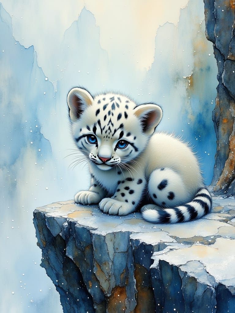 Adorable Snow Leopard Cub on Rocky Ledge