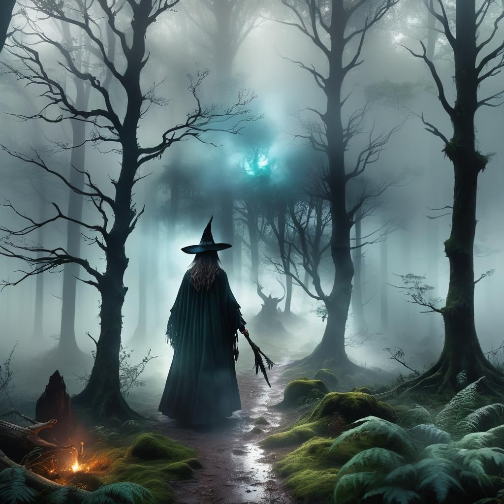 Mystical Forest Witch in Atmospheric Digital Painting