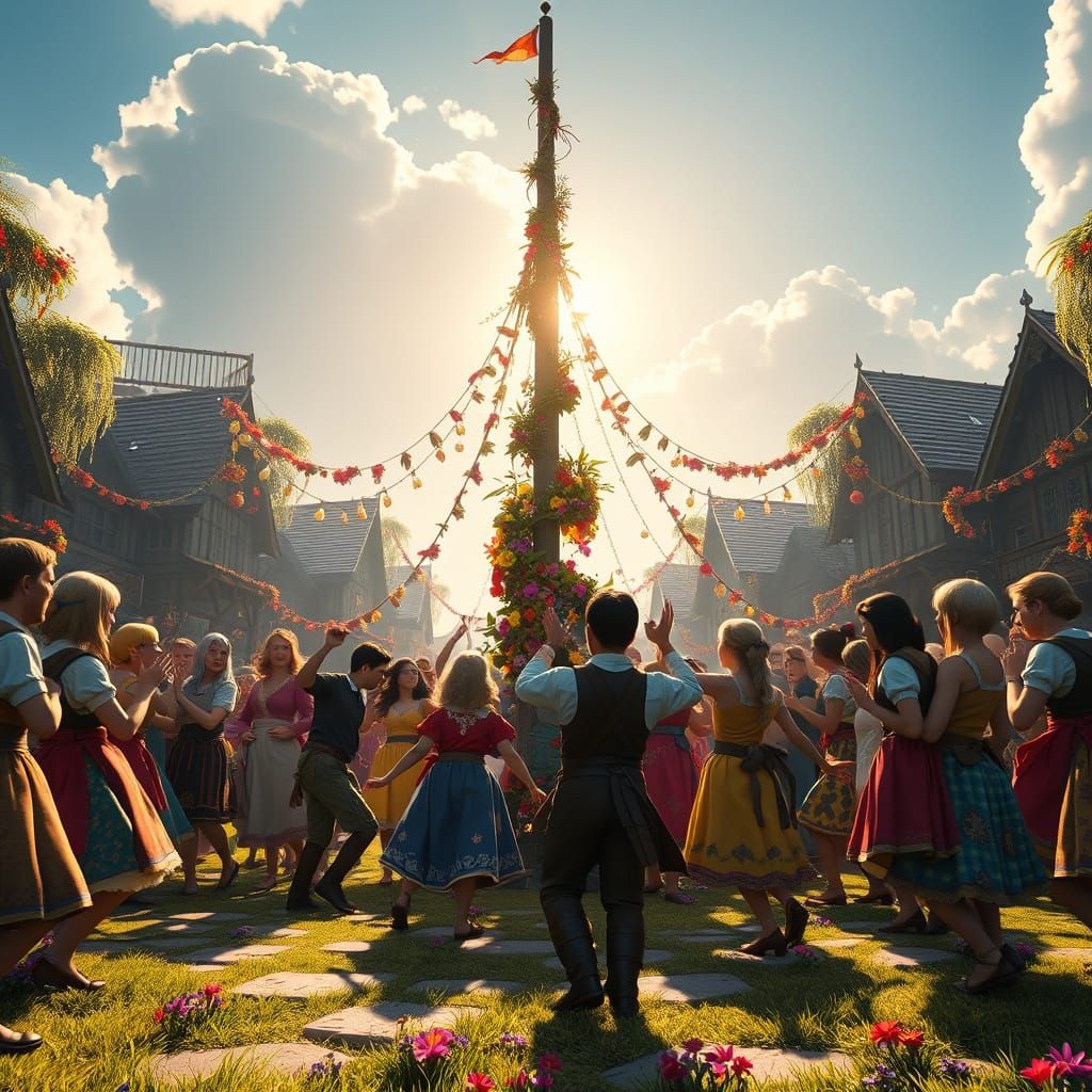 Vibrant Villagers Dance Around a Majestic May Pole in Epic C...
