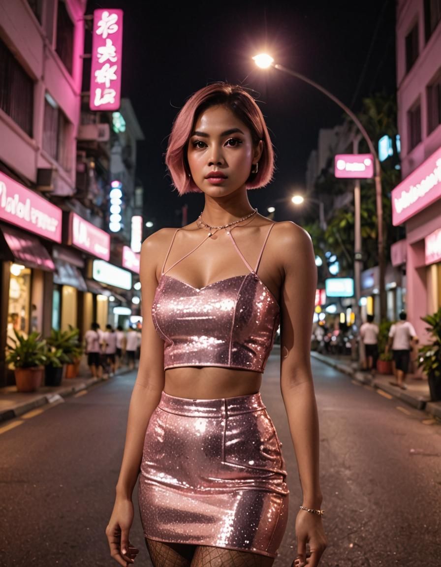 Indonesian Woman in Pink Struts Through Tropical Night Citys...