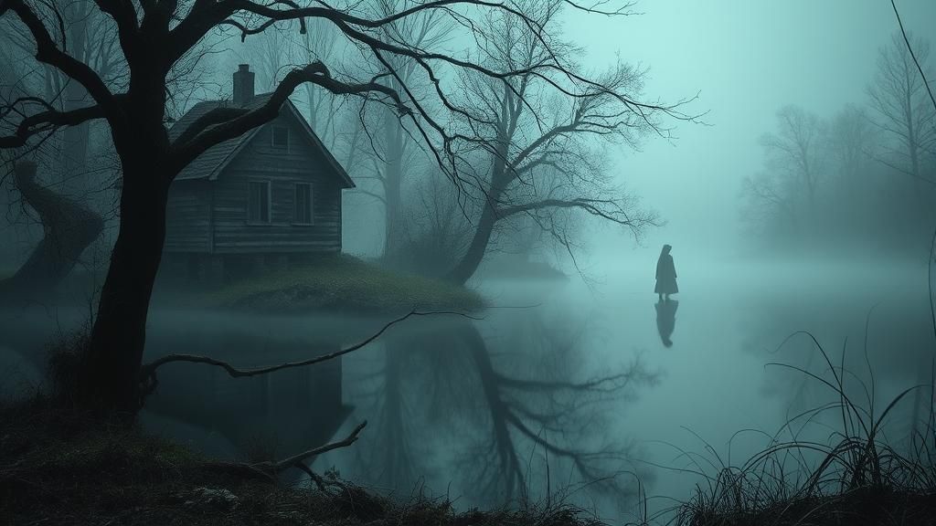 Eerie Lake Reflecting Elderly Woman in Surreal Landscape