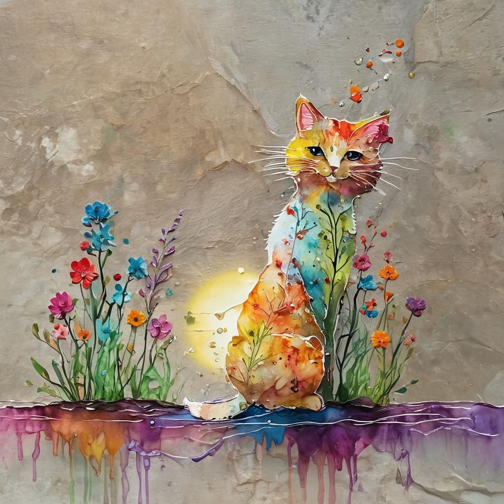 Whimsical Cat by River in Alcohol Ink Style