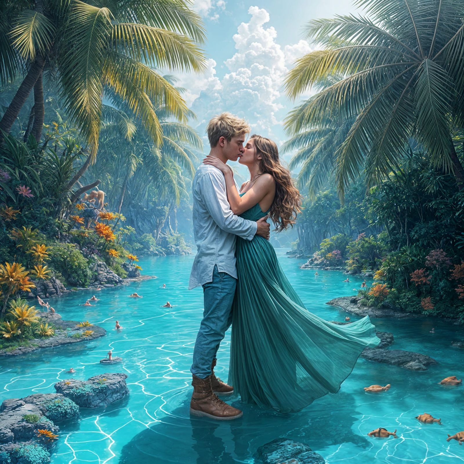 Romantic Kiss in a Blue Lagoon, Fantasy Art