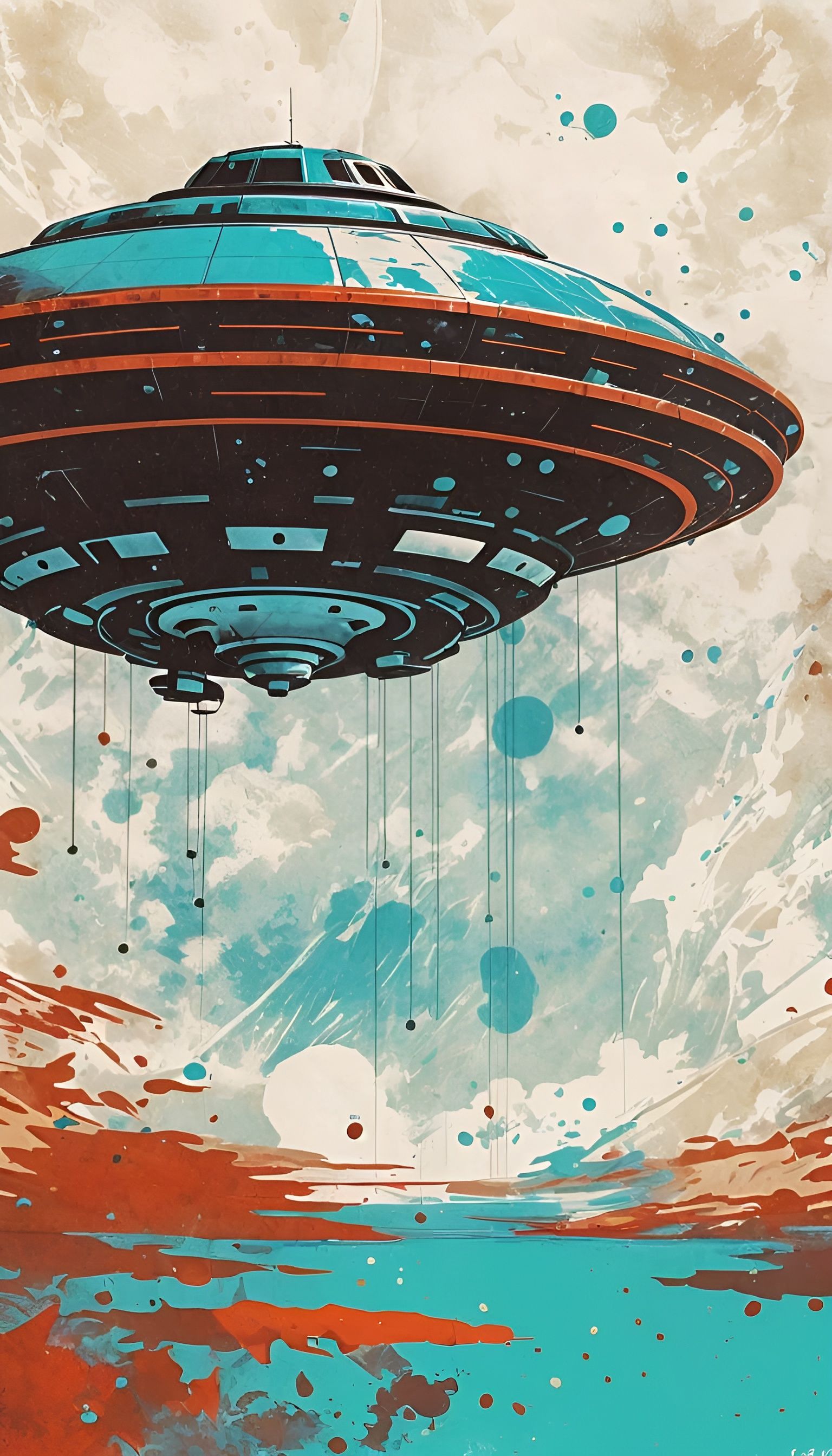 Retro-Futuristic UFO in Flight Ink Splatter Illustration