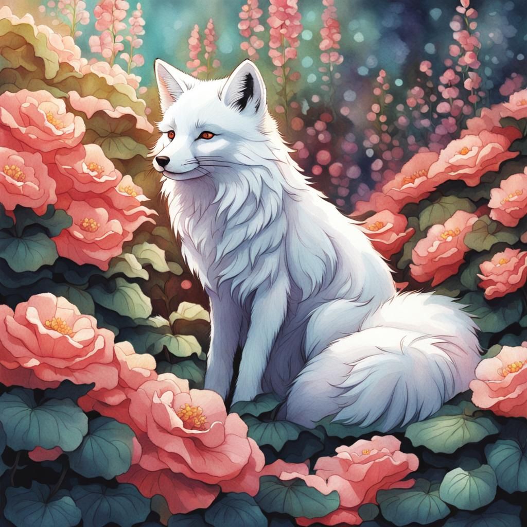 White Fox in Begonia Garden, Cel-Shaded Manga Art
