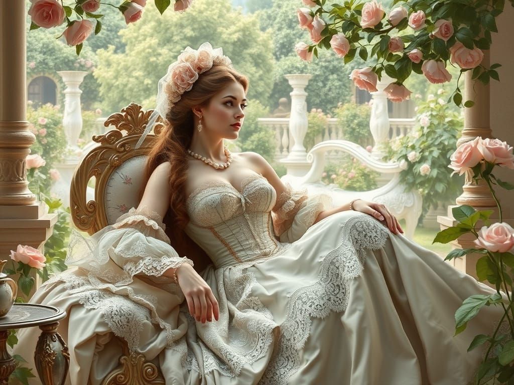 Elegant Woman in Garden, Rococo Style