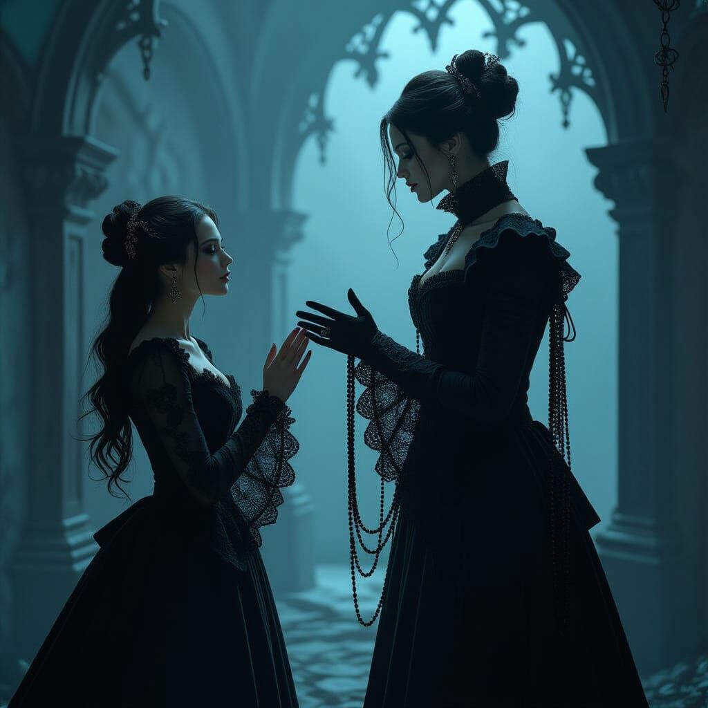 Mystical Woman Pleading in Dark, Surreal Realm