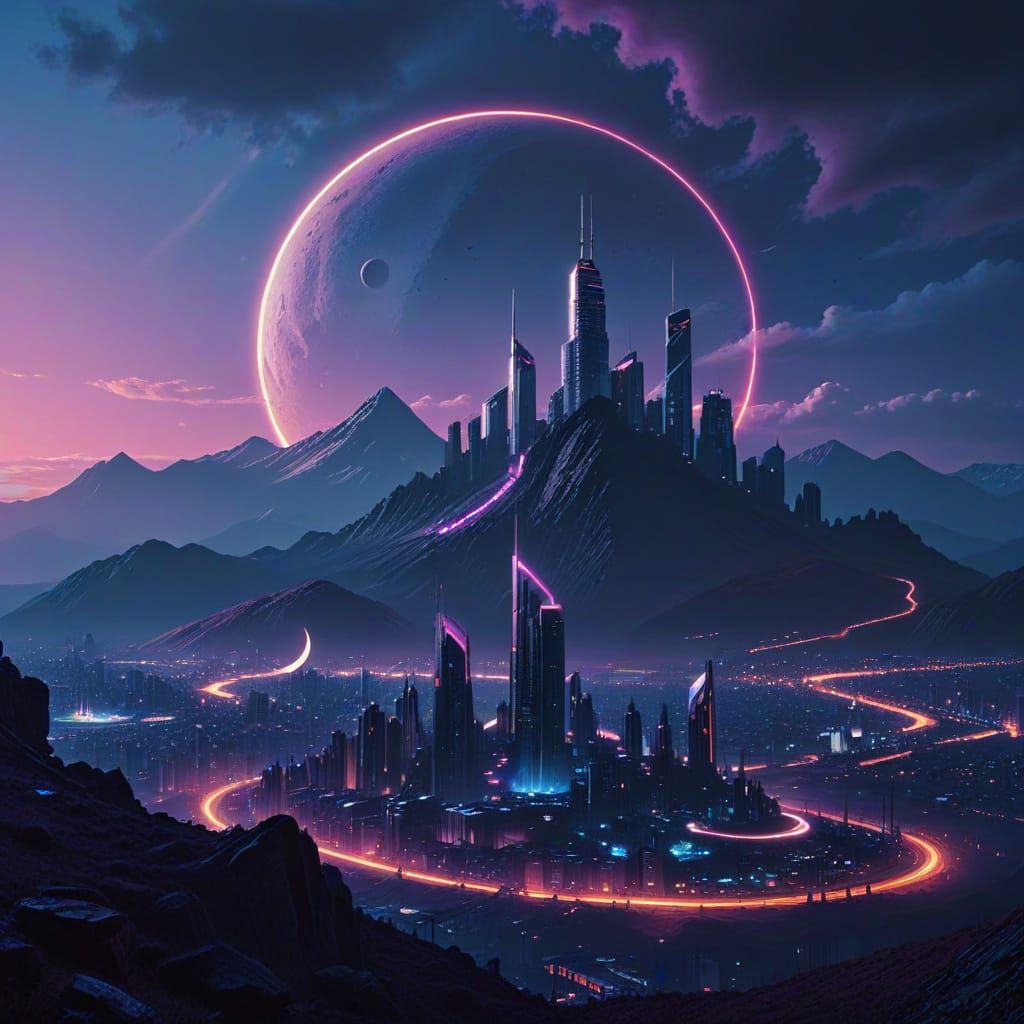 Cyberpunk City in Mountains at Sunset