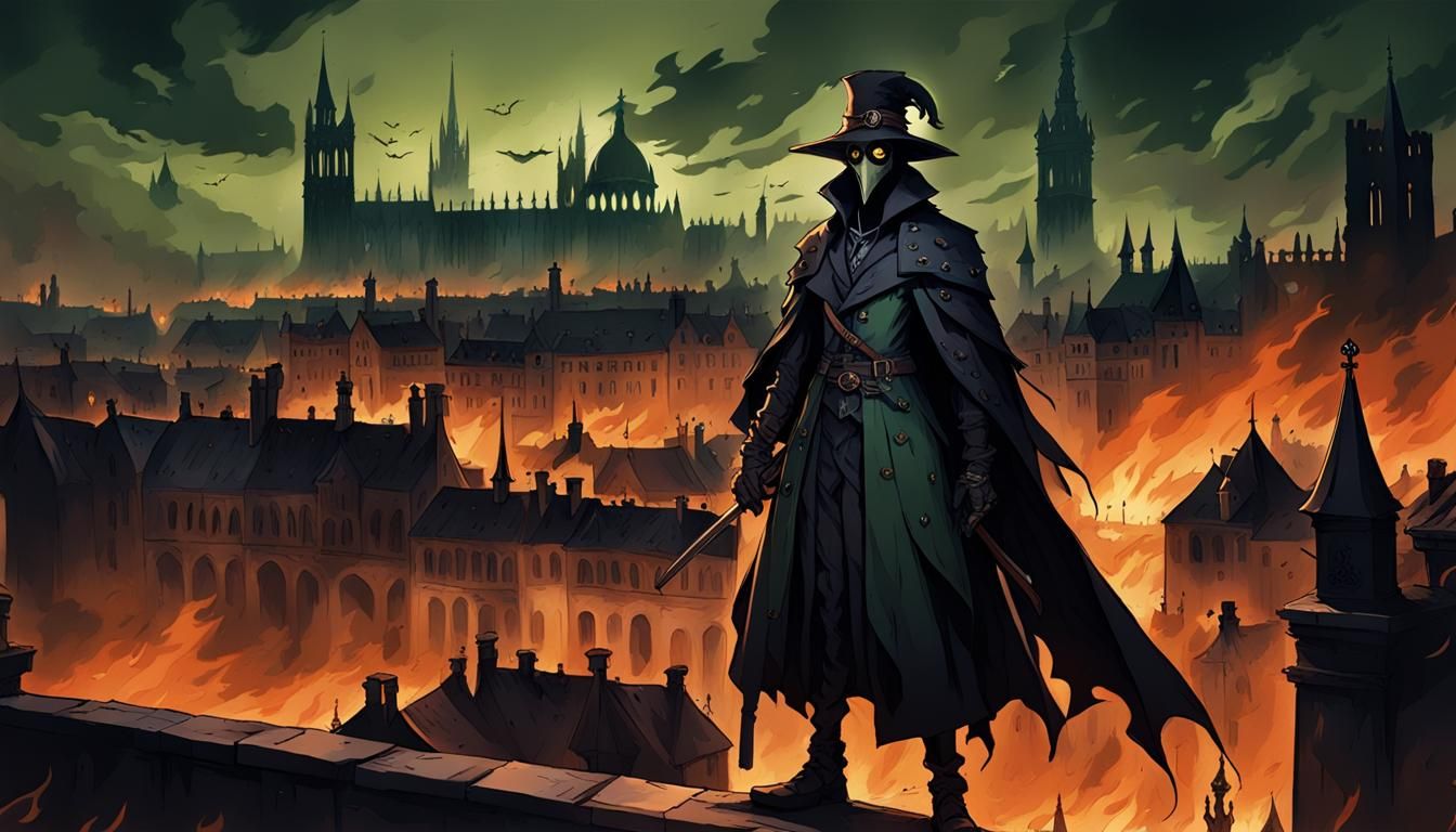 Ominous Plague Doctor Over Burning Gothic City