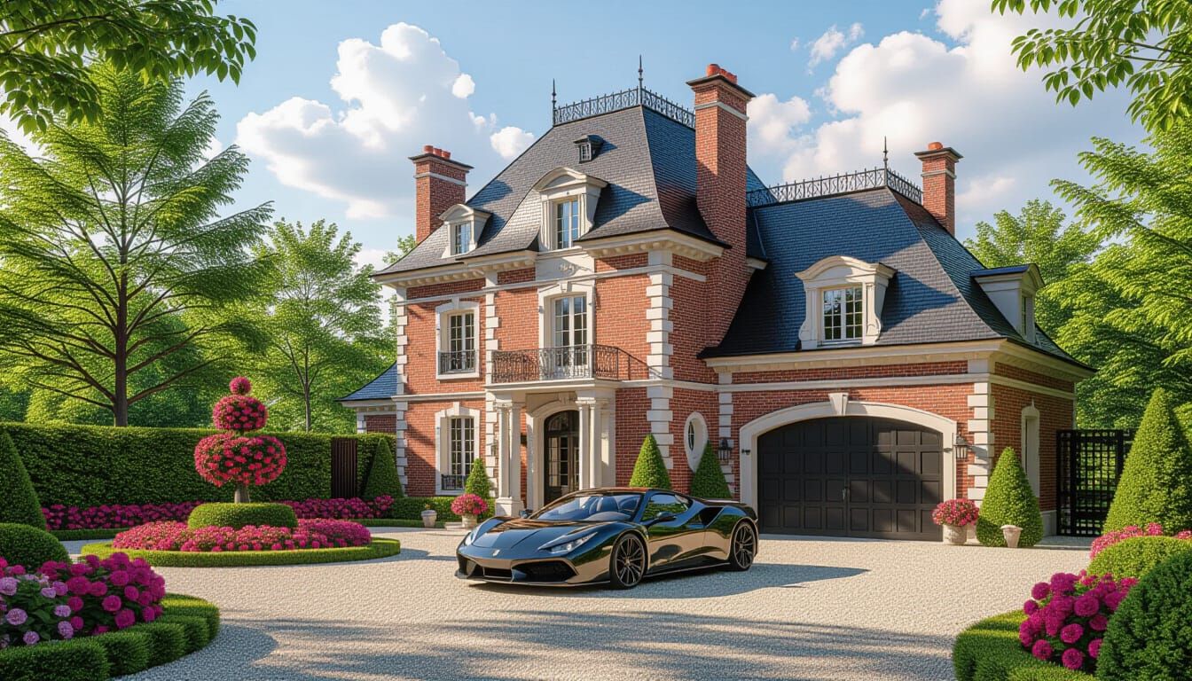 Grand Brick Chateau with Sportscar in Monet-Inspired Garden