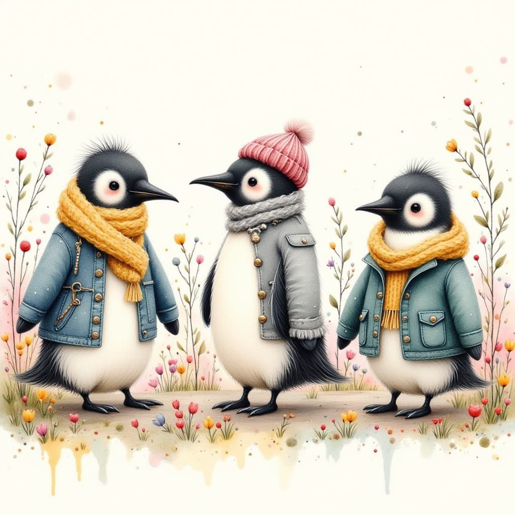 Three Penguins in Jackets on a Spring Walk