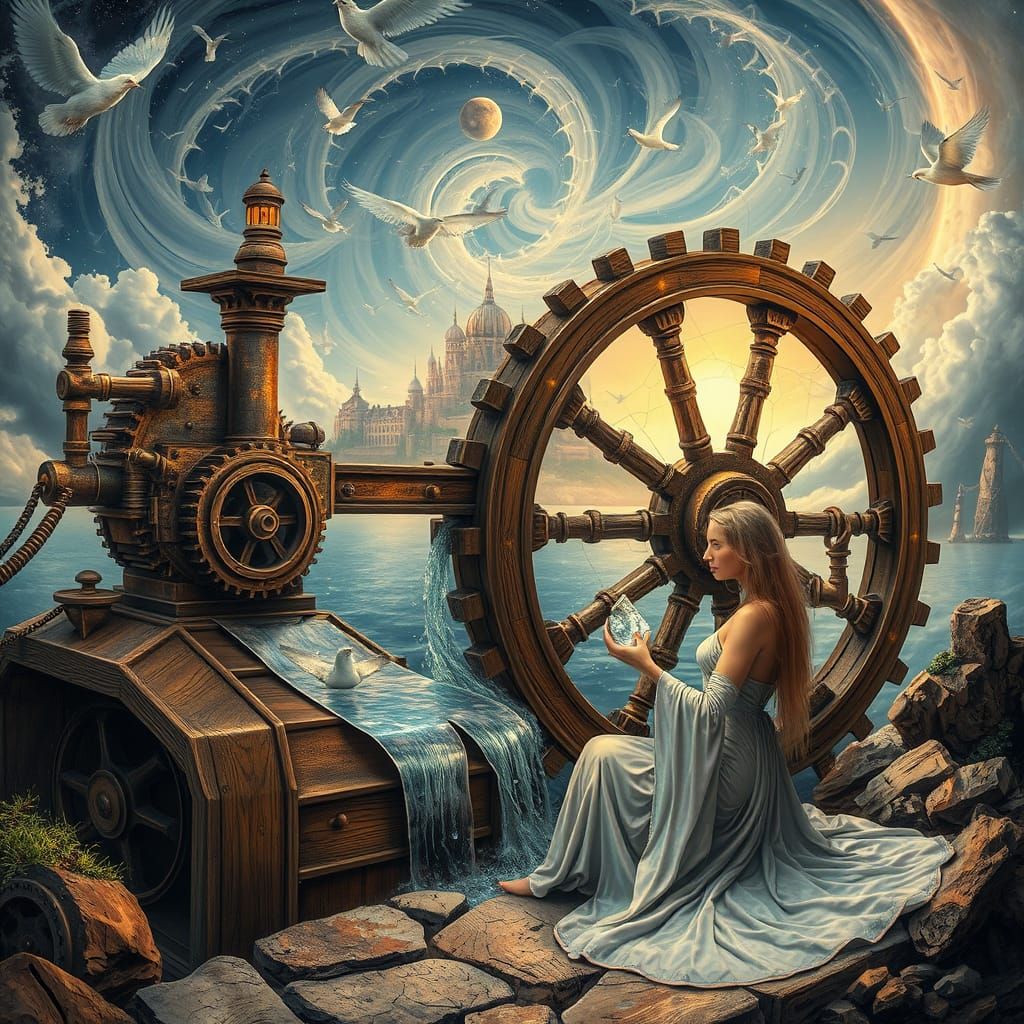 Enchanted Dreamscapes: A Steampunk Waterwheel by Moonlight