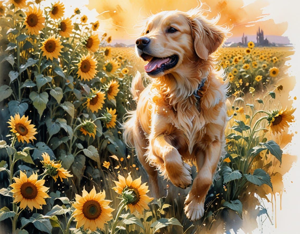 Golden Retriever Puppy in Sunflower Field at Sunset