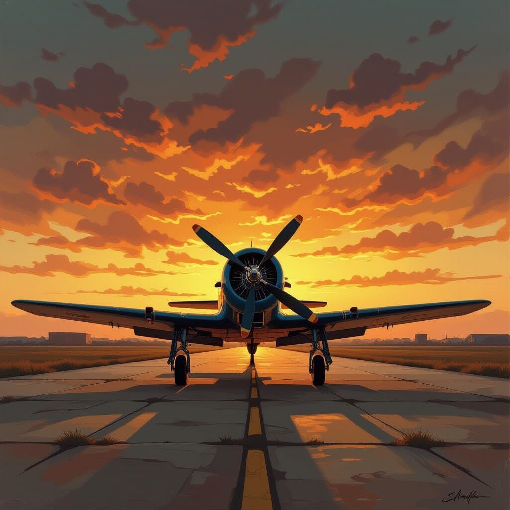 Vintage Aircraft at Dusk in Impasto Style