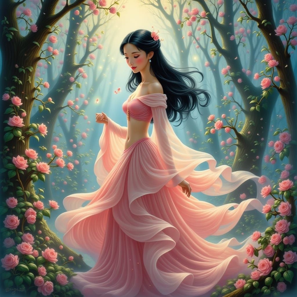 Ethereal Cherry Blossom Princess in Whimsical Spring Forest