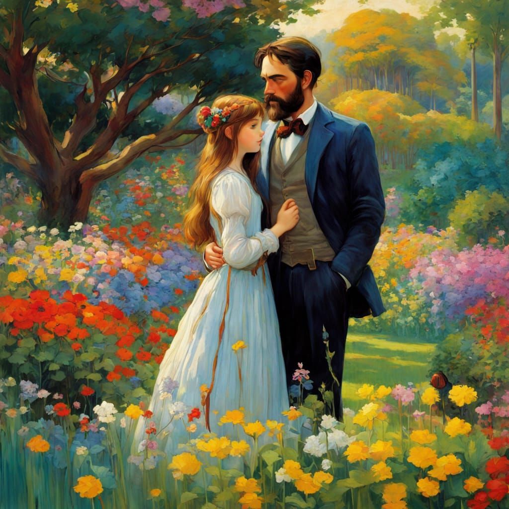 Father and Daughter in Vibrant Garden Scene, Anime-Inspired