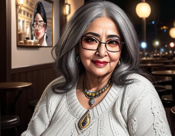 Realistic Portrait: Elderly Egyptian Woman in Cafe