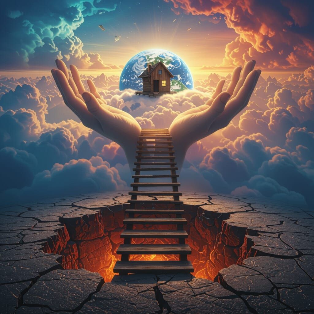 Surreal Staircase to Floating House in Fantasy Style