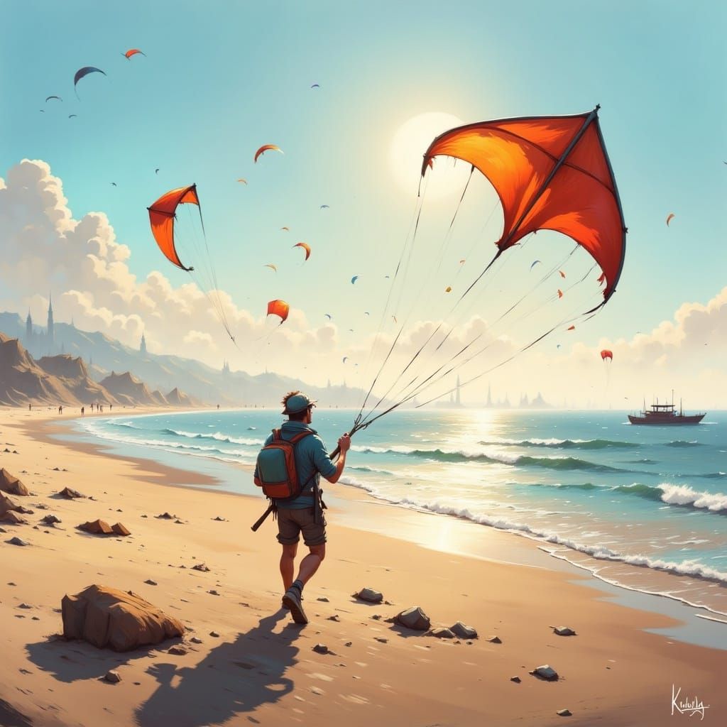 Man Flying Kite on Beach with Painterly Effect