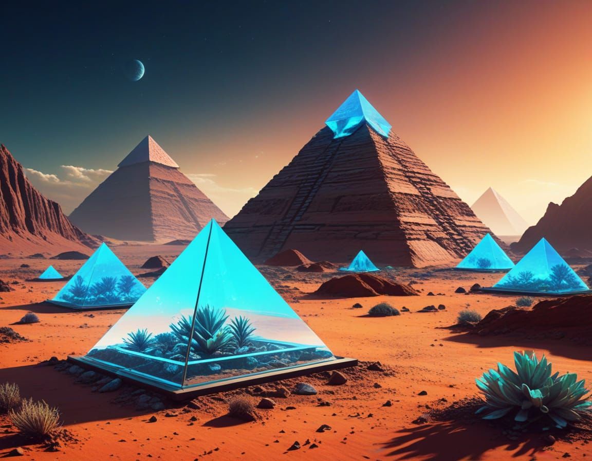 Holographic Pyramids on Mars with Bioluminescent Flora