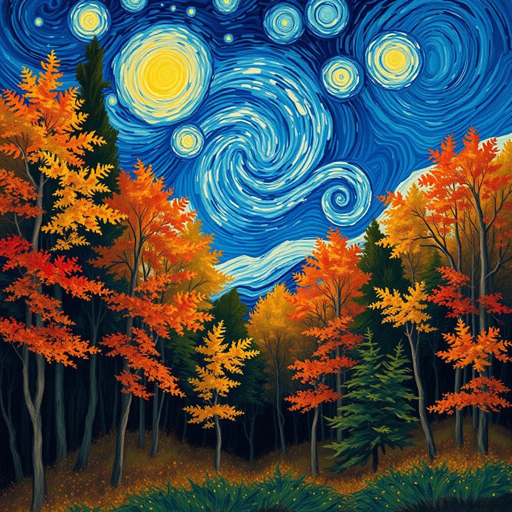 Autumnal Forest Under Starry Night Sky