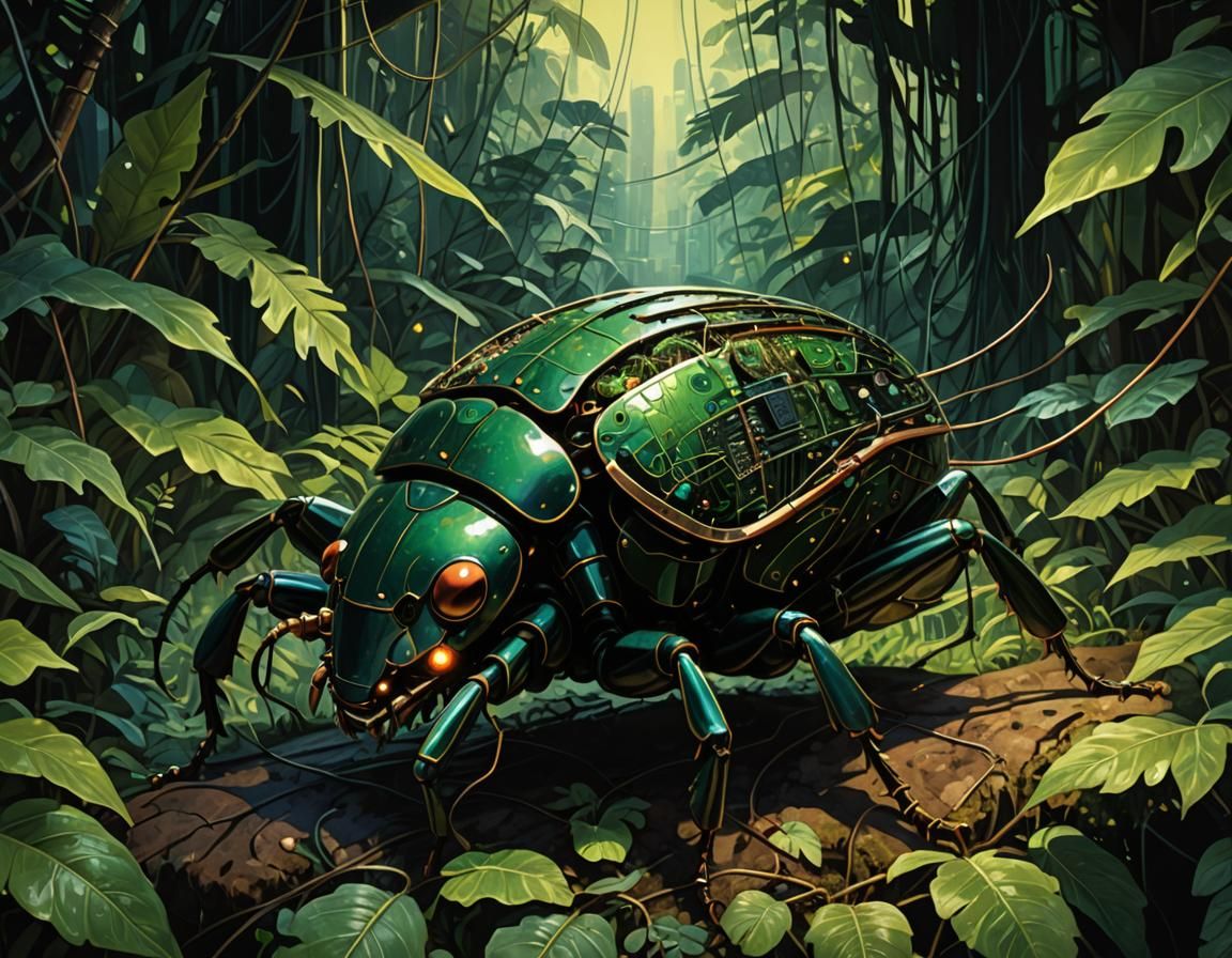 Giant Cybernetic Beetle in Jungle, Brutalist Painting