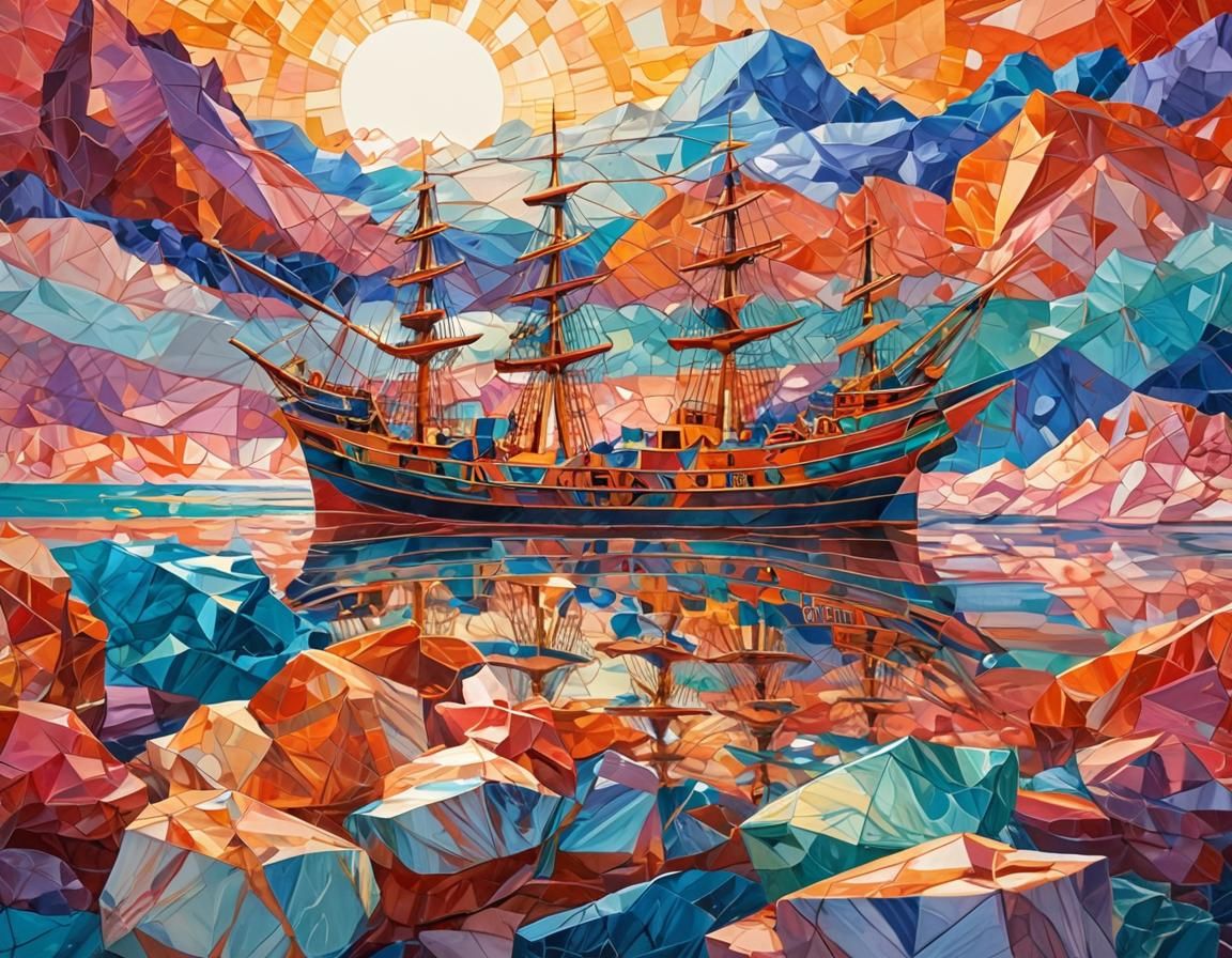 Crystal Ship on Marble Rocks in Cubist Style