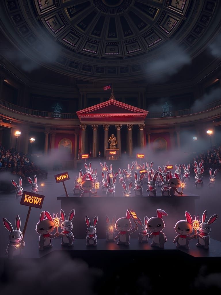 Wolves Voting on Reforms Surrounded by Rabbit Protestors