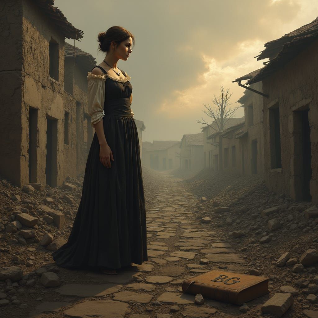 No meio de uma vila devastada pela guerra, uma mulher com um...