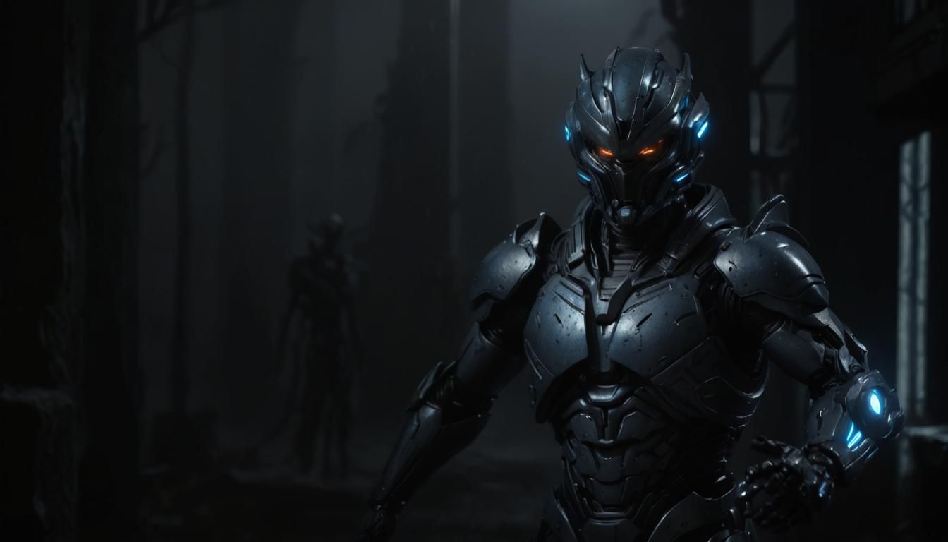 Gunmetal Black Guyver in Dark Fantasy Sci-Fi Style