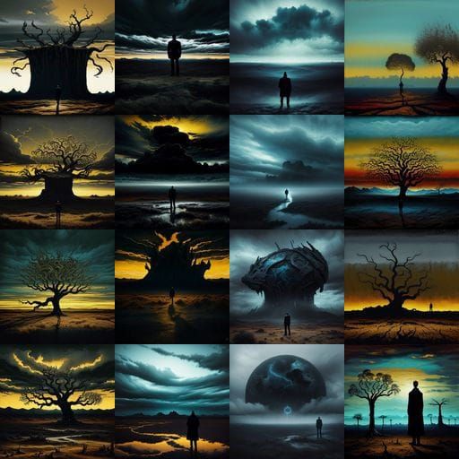 Surreal Man in Desolate Landscape with Dark Clouds