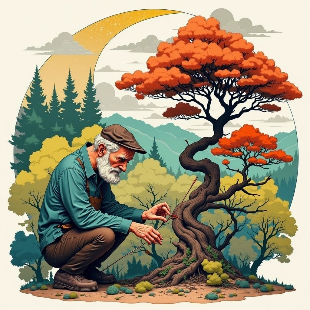 The Old Gardener Tends to a Serene Bonsai Tree