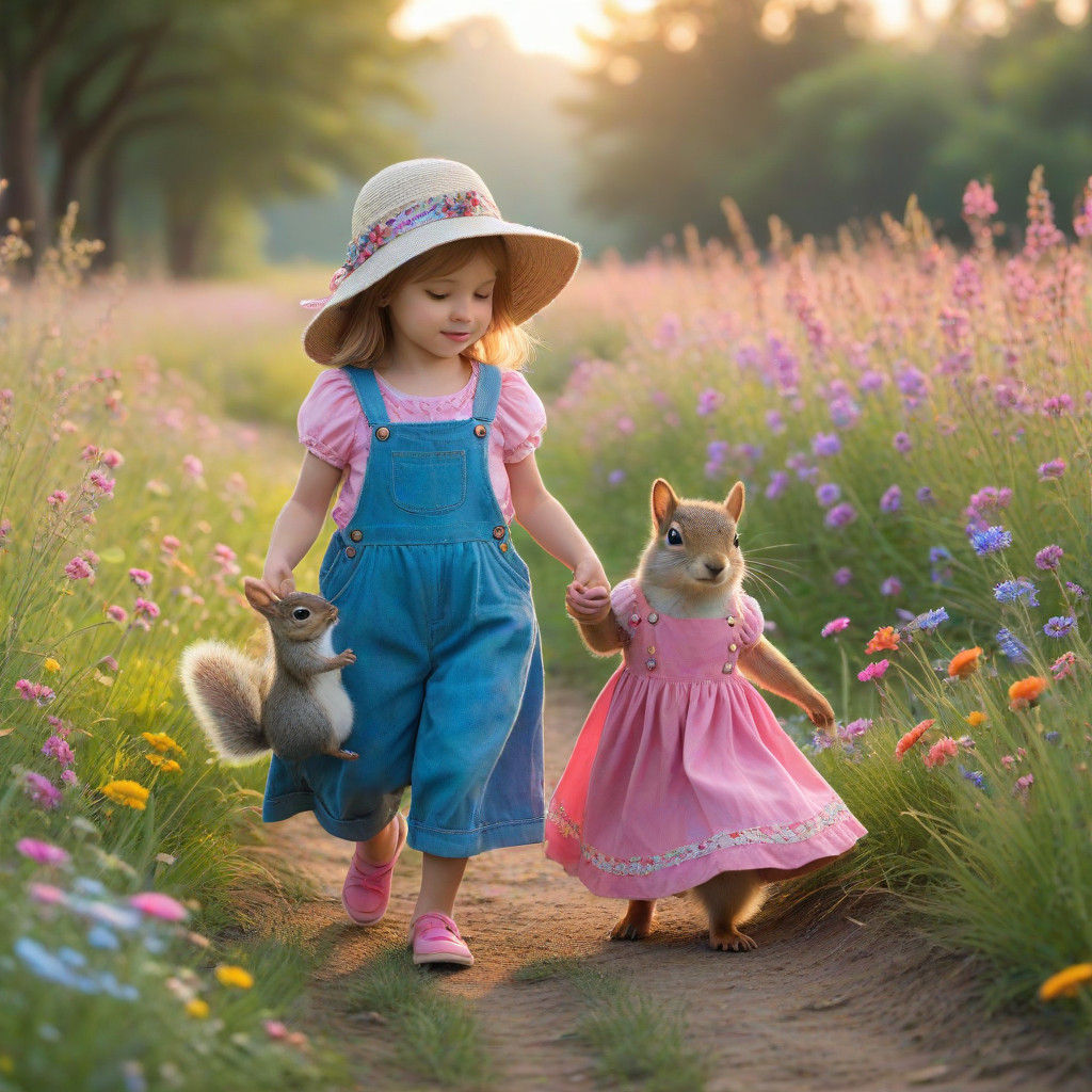Whimsical Summer Meadow Scene with Girl and Squirrel