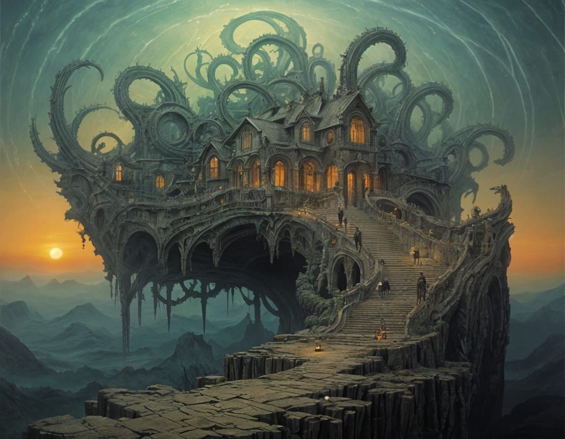 Surreal Landscape: A Fusion of Beksinski, Escher, and Giger