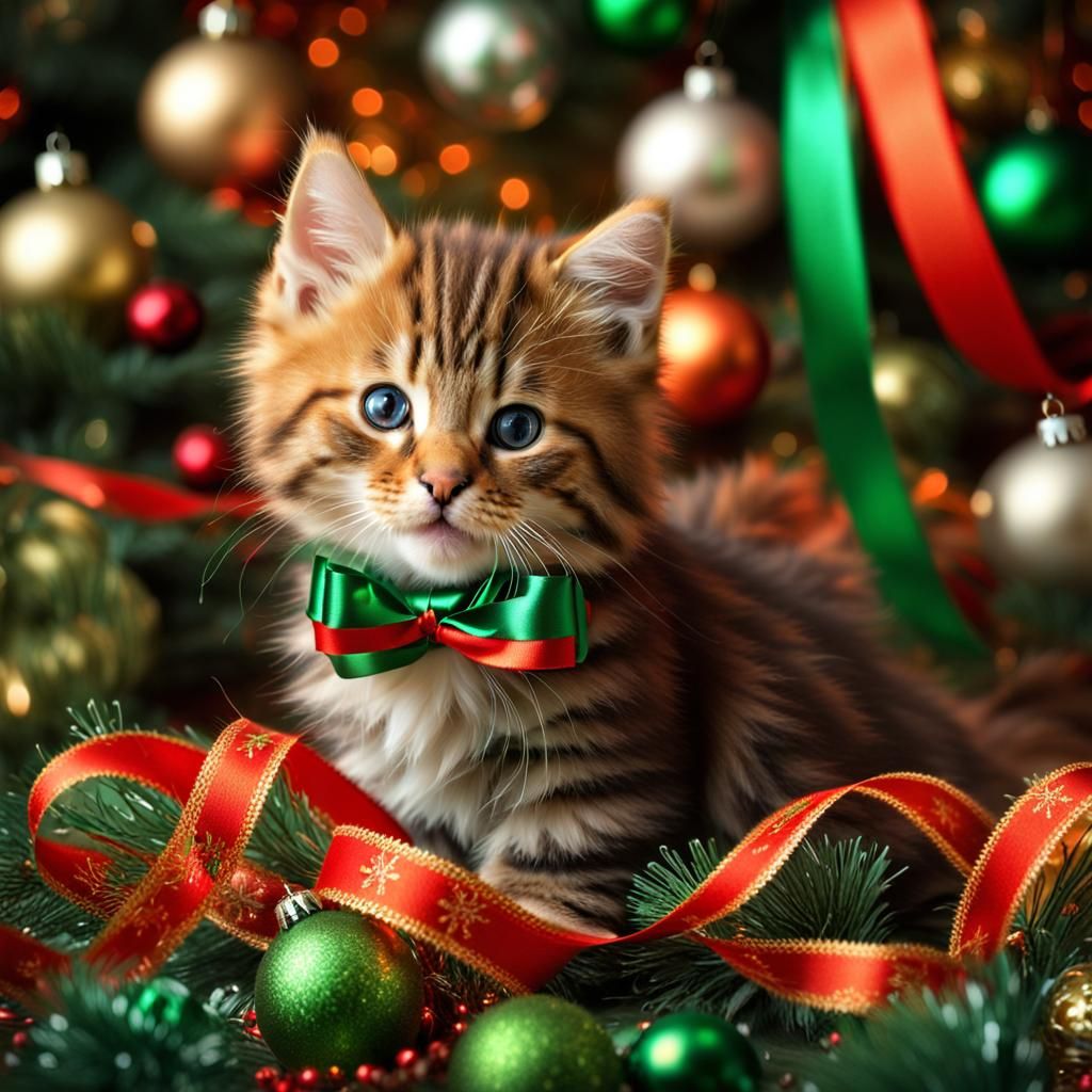 Festive Kitten Plays with Christmas Ribbons