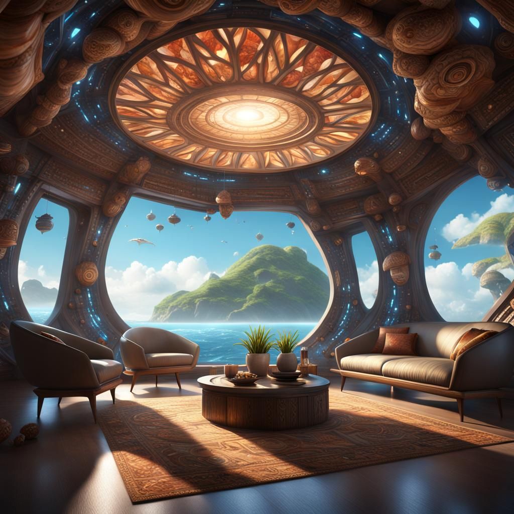 Zen Interior with Skylights and Tribal Spaceship Elements
