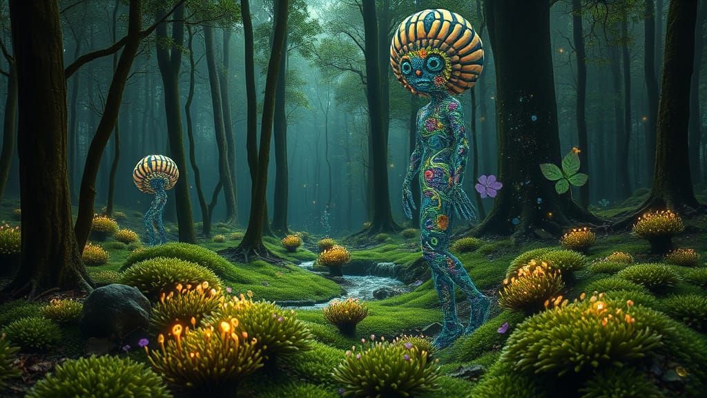 Bioluminescent Forest with Mythical Creatures in Bio-Art Sty...
