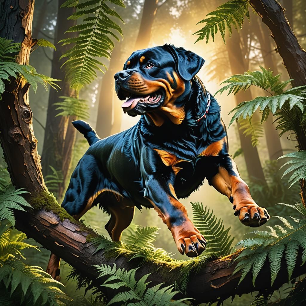 Muscular Rottweiler Leaping in Golden Hour Digital Art