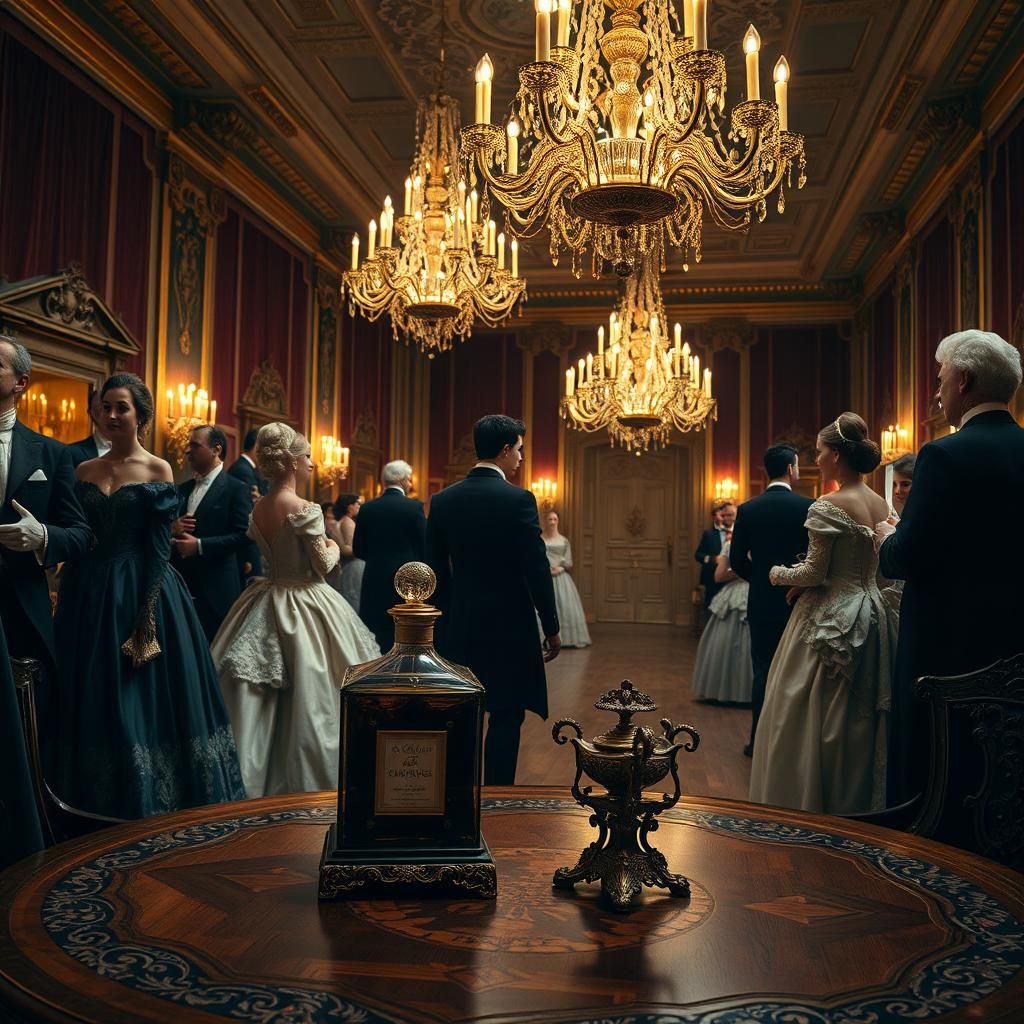 Victorian Ballroom Scene in Pre-Raphaelite Style