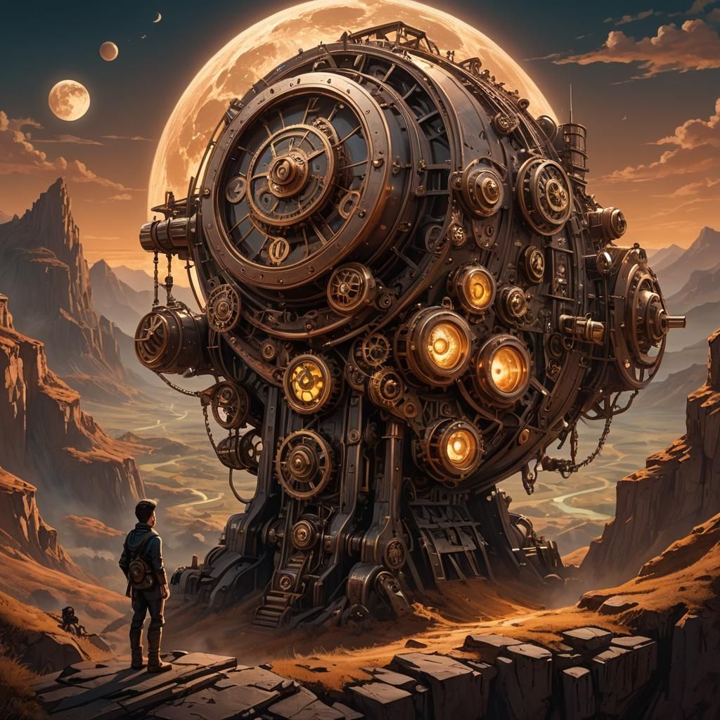 Steampunk Machine Holds Moon in Valley Concept Art