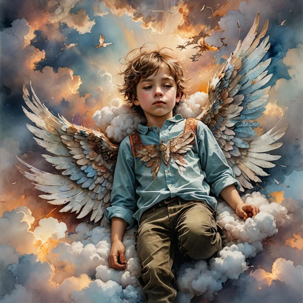 Boy with Angel Wings in Watercolor Landscape